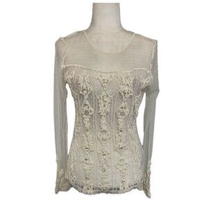 Guess New Cream Sheer Long Sleeve Embellished Nylon Blouse Top Medium